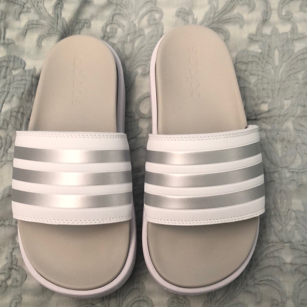 Adidas White and Silver Slide Sandals